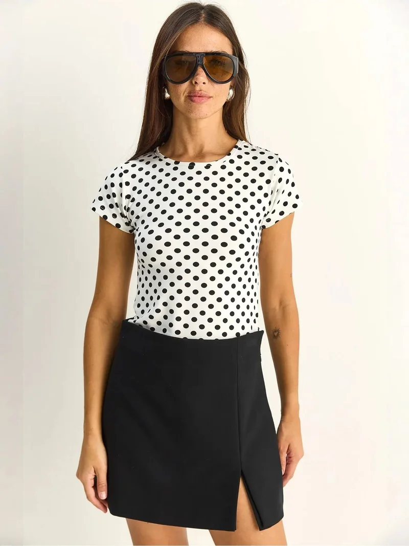 Bianco Lucci LUCCI Polka Dot Crew Neck Crop T-Shirt