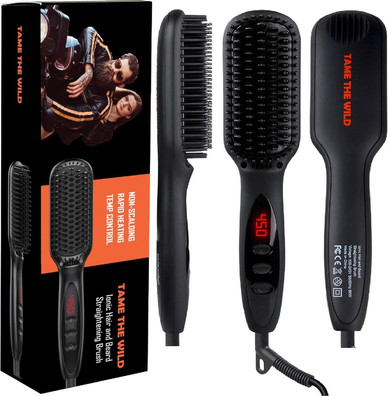 TAME THE WILD MAKE YOUR BEARD BEHAVE Tame The Wild Pro Beard Straightener for Men - Premium Heated Beard Brush - Anti-Scald Ionic Generator - 12 Temp Settings - LED Display - for Beards Over 2" Long