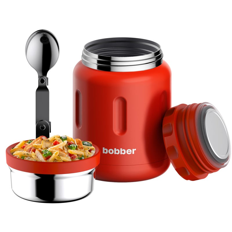 BOBBER 24 oz Insulated Stainless Steel Food Thermo Jar for Hot Food, Extra-Wide Mouth Lunch Container for Adults with Spoon and Bowl, Dishwasher Safe - Keeps Meals Hot for 14 Hours (Red) - Image 1