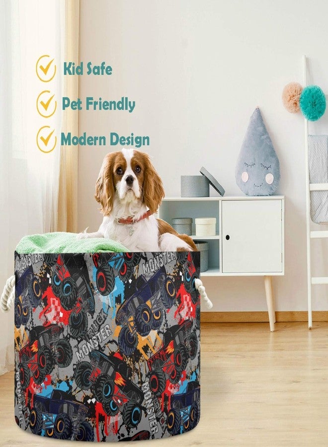 visesunny Monster Truck Car Pattern Laundry Baskets Fabric Storage Bin Storage Box Collapsible Storage Basket Toy Clothes Shelves Basket for Bathroom,Bedroom,Nursery,Closet,Office - Image 2