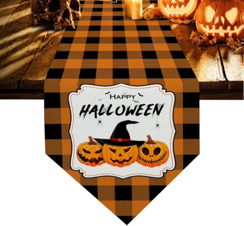 Halloween Table Runners Cotton Linen,Pumpkin Witch Hat Non-Slip Fall Holiday Table Decorations for Kitchen,Home,Dining,Outdoor,13 x 90 Inch Long,Scary Movie Nights,Orange Black Buffalo Plaid