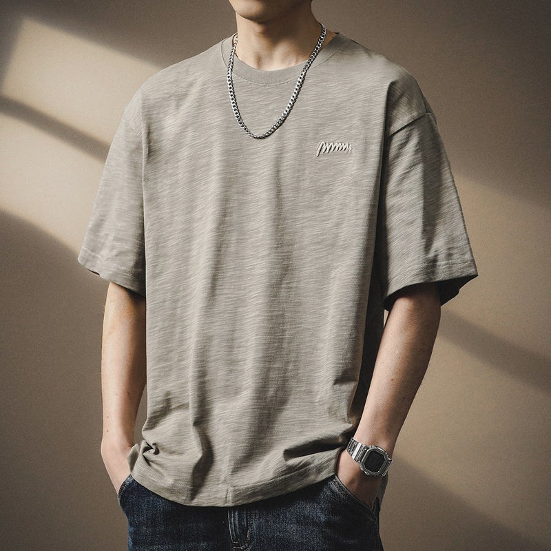 Japanese Style Vintage Simple Embroidered Slub Cotton Short-Sleeved T-Shirt Men'S Summer Thin Loose Plus Size Half-Sleeved Trendy T-Shirt - Image 3