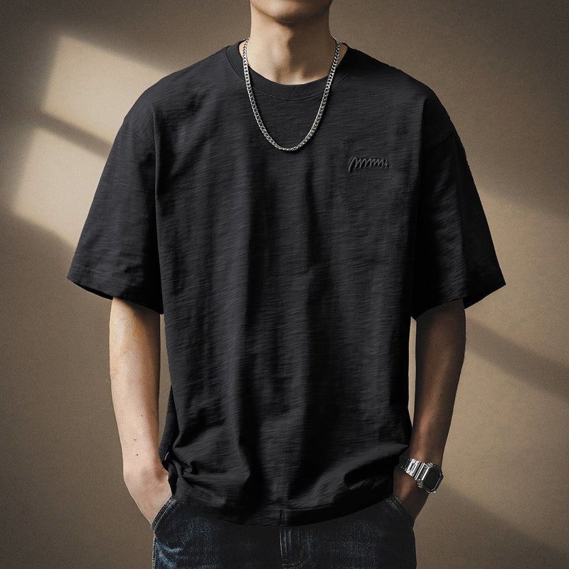 Japanese Style Vintage Simple Embroidered Slub Cotton Short-Sleeved T-Shirt Men'S Summer Thin Loose Plus Size Half-Sleeved Trendy T-Shirt - Image 1