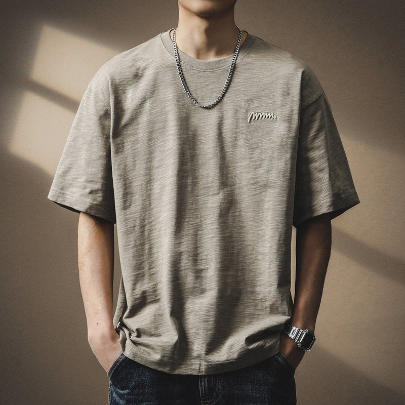 Japanese Style Vintage Simple Embroidered Slub Cotton Short-Sleeved T-Shirt Men'S Summer Thin Loose Plus Size Half-Sleeved Trendy T-Shirt - Image 2