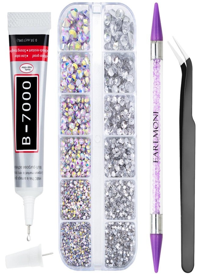 EARLMONI 5200PCS Silver & AB Flatback Rhinestones for Crafts, EARLMONI Iridescent Crystal Rhinestone Bedazzling Kit with B7000 Jewelry Glue Rhinestone Picker Tool for Nail Art Makeup Face Clothing Shoes DIY - Image 1
