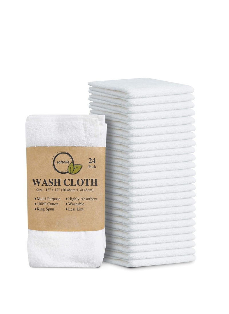 Softolle - Softolle 100% Cotton Ring Spun Wash Cloths Pack of 24 (12x12 Inches)– Bulk Pack of Washcloths – Wash Cloth for Face, Highly Absorbent, Soft and Face Towels (White) - Image 1