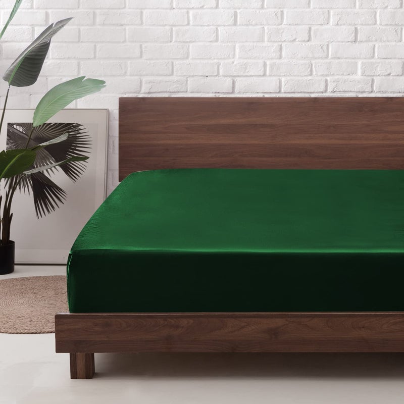 MR&HM MR&HM Satin Fitted Sheet Queen Size  Silky Bottom Sheet with Elastic Corner Straps  Deep Pocket up to 15 Inch  No More Slipping Off for Mattress - 1 Fitted Sheet Only (Dark Green)  - Image 1