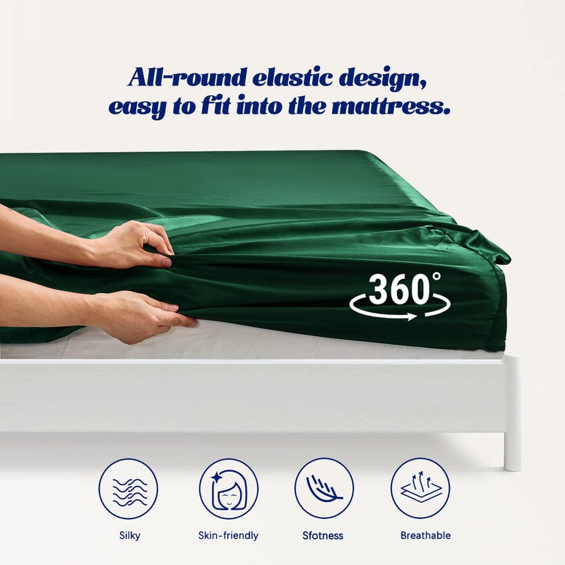 MR&HM MR&HM Satin Fitted Sheet Queen Size  Silky Bottom Sheet with Elastic Corner Straps  Deep Pocket up to 15 Inch  No More Slipping Off for Mattress - 1 Fitted Sheet Only (Dark Green)  - Image 5