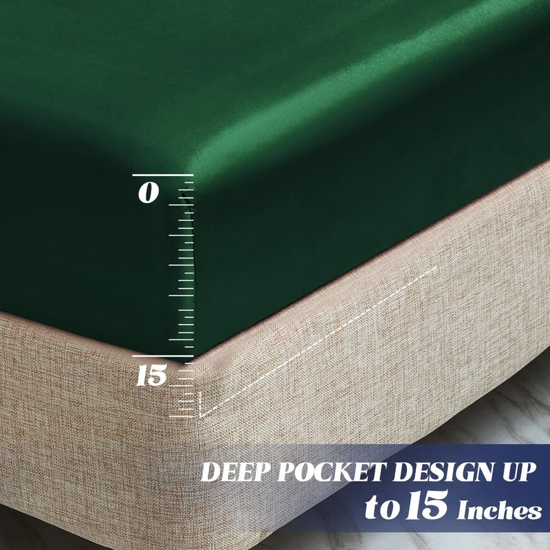 MR&HM MR&HM Satin Fitted Sheet Queen Size  Silky Bottom Sheet with Elastic Corner Straps  Deep Pocket up to 15 Inch  No More Slipping Off for Mattress - 1 Fitted Sheet Only (Dark Green)  - Image 4