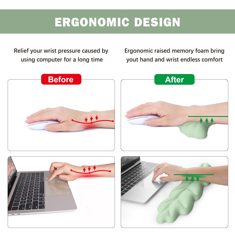 Lauspuck Keyboard Wrist Rest Pad Set, Leaf Shape PU Leather Memory Foam Wrist Cushion Support,Mouse Wrist Rest Pad,Non-Slip Wrist Support for Easy Typing Pain Relief, Green Leaf - Image 3