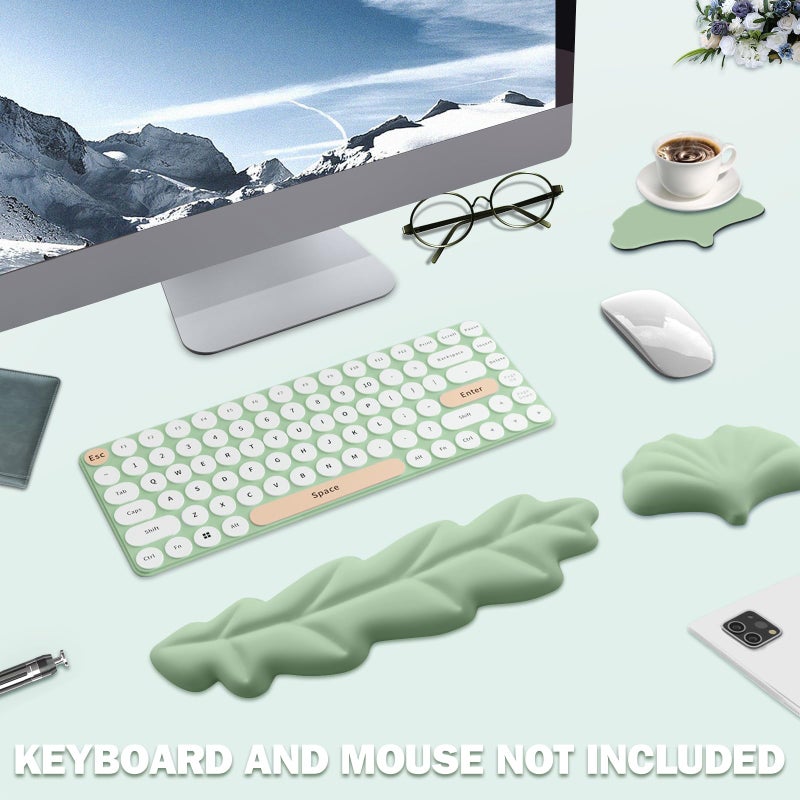 Lauspuck Keyboard Wrist Rest Pad Set, Leaf Shape PU Leather Memory Foam Wrist Cushion Support,Mouse Wrist Rest Pad,Non-Slip Wrist Support for Easy Typing Pain Relief, Green Leaf - Image 2