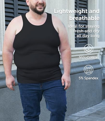 Comfneat Men's 4-Pack Big & Tall Tight Fit A-Shirts Tank Tops Sleeveless Undershirts Stretchy Cotton Spandex Base Layers (Black 4-Pack, 6XL) - Image 2