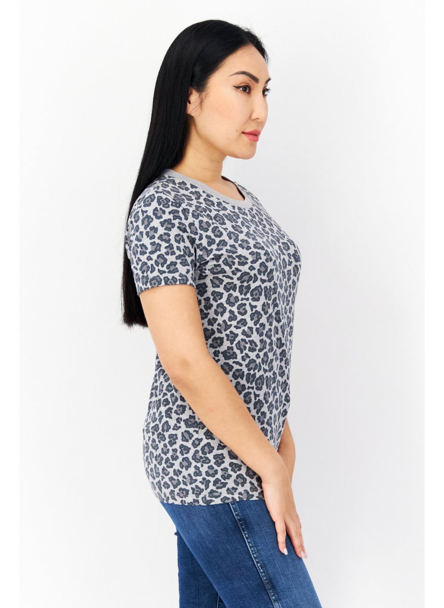 CONVERSE - Women Round Neck Short Sleeve Animal Print T-Shirt, Grey - Image 1