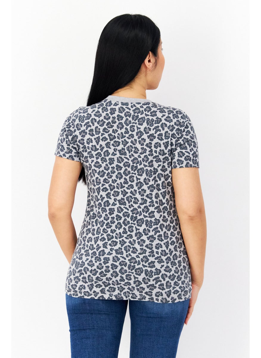 CONVERSE - Women Round Neck Short Sleeve Animal Print T-Shirt, Grey - Image 1