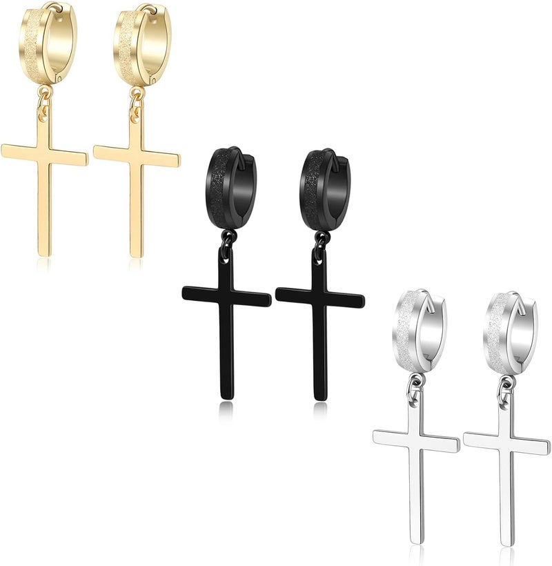 TXPFF Store Men Women Stainless Steel Cross Earrings Set Dangle Hinged Earrings of Dangle Hinged Earrings Cross hoop Earrings - Image 1
