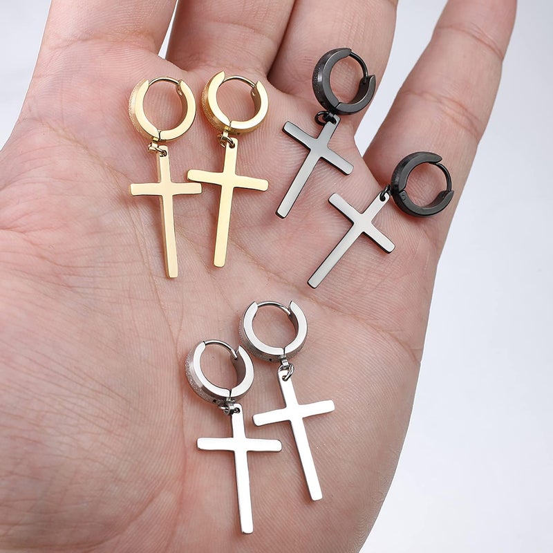 TXPFF Store Men Women Stainless Steel Cross Earrings Set Dangle Hinged Earrings of Dangle Hinged Earrings Cross hoop Earrings - Image 3