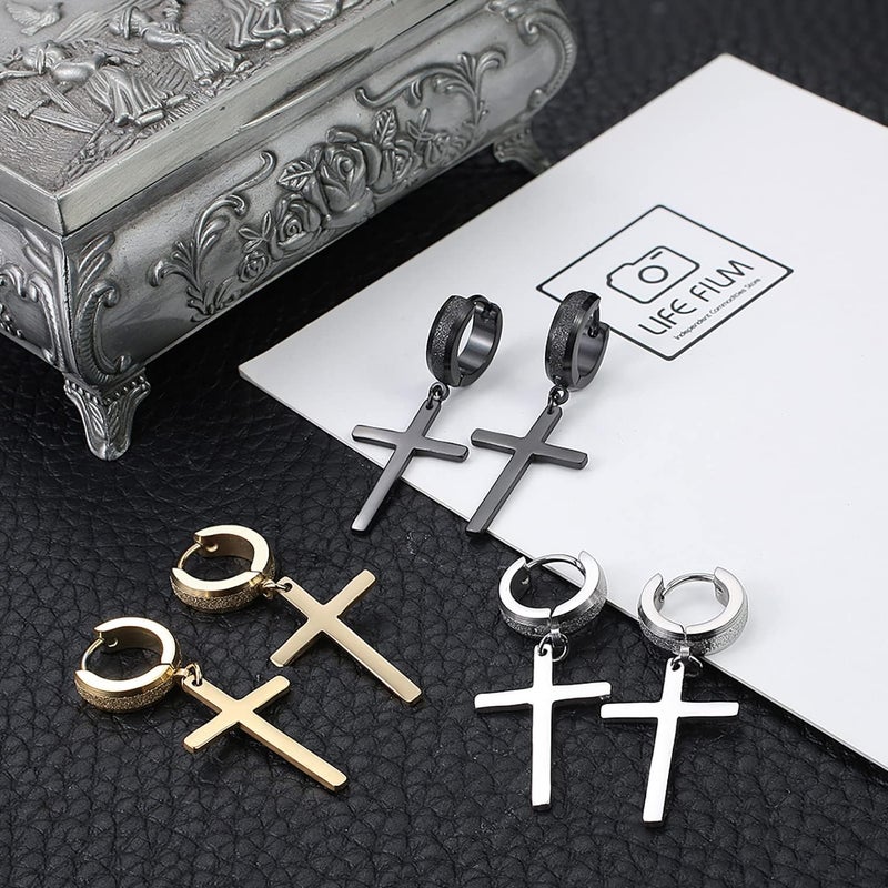 TXPFF Store Men Women Stainless Steel Cross Earrings Set Dangle Hinged Earrings of Dangle Hinged Earrings Cross hoop Earrings - Image 4