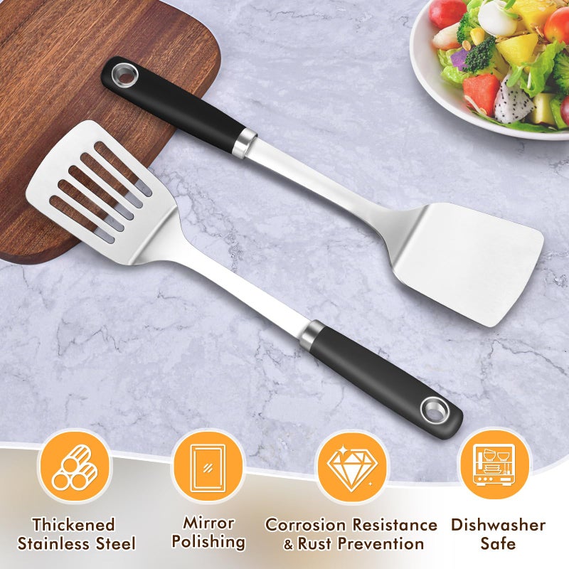 MemoGem 2 Pcs Silicone Stainless Steel Spatulas Set, Metal Spatula Solid & Slotted Turner, Heavy Duty Sturdy Spatula for Kitchen Use, High Heat Resistant Cooking Utensils for Fish Eggs Pancakes, Easy to Clean - Image 2