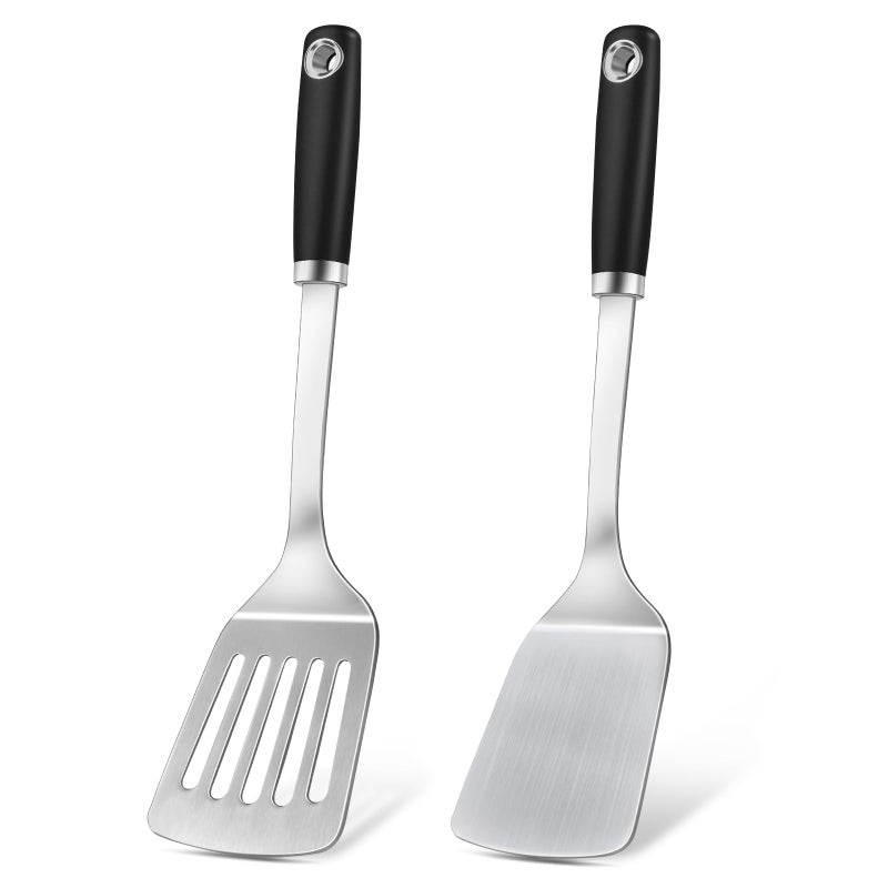 MemoGem 2 Pcs Silicone Stainless Steel Spatulas Set, Metal Spatula Solid & Slotted Turner, Heavy Duty Sturdy Spatula for Kitchen Use, High Heat Resistant Cooking Utensils for Fish Eggs Pancakes, Easy to Clean - Image 1