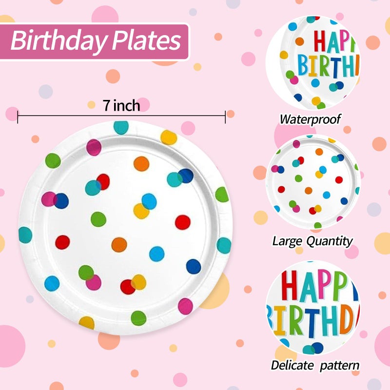 HFBOBP 60PCS Happy Birthday Paper Plates and Napkins  Rainbow Dot Party Paper Plates Disposable Birthday Party Decorations Tableware Set for Kids Boys Girls - Image 3