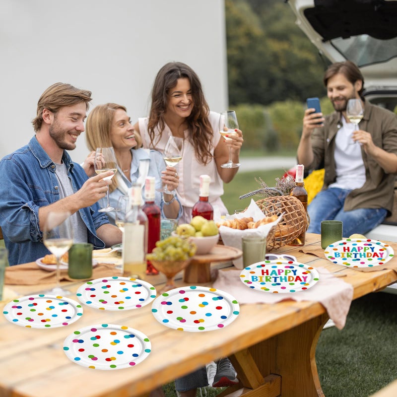 HFBOBP 60PCS Happy Birthday Paper Plates and Napkins  Rainbow Dot Party Paper Plates Disposable Birthday Party Decorations Tableware Set for Kids Boys Girls - Image 1
