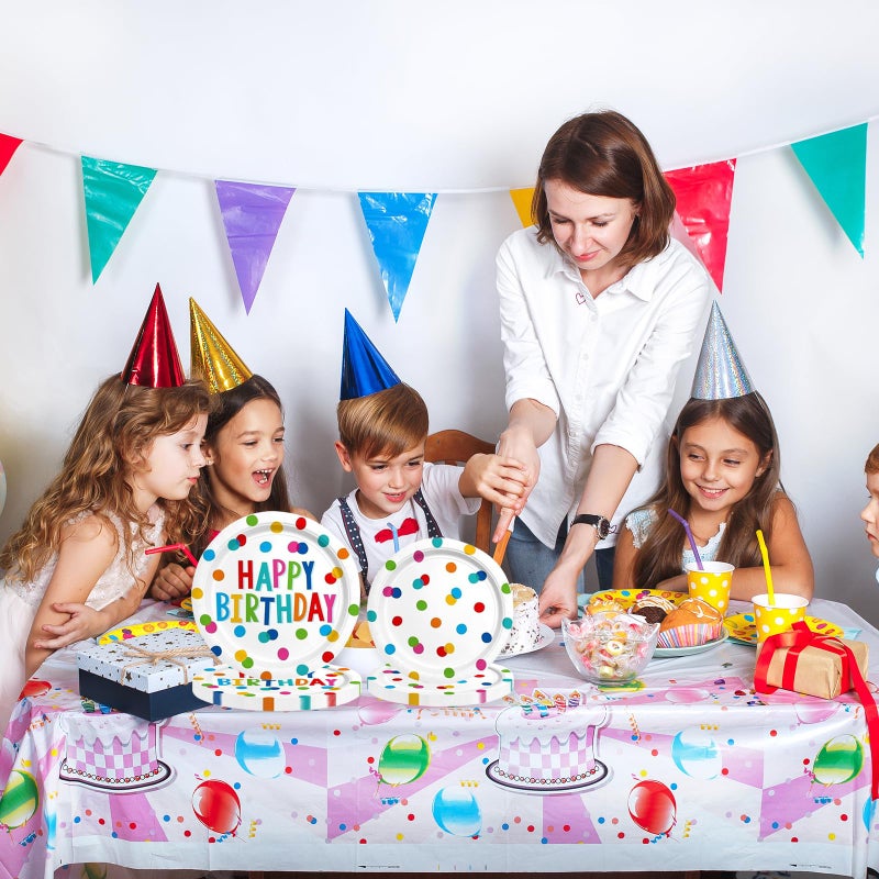HFBOBP 60PCS Happy Birthday Paper Plates and Napkins  Rainbow Dot Party Paper Plates Disposable Birthday Party Decorations Tableware Set for Kids Boys Girls - Image 4