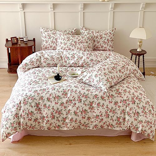 BHUSB Floral Duvet Cover Set Twin Size Kids Pink 100 Cotton Aesthetic Bedding Sets Girl Women 3 Pieces Floral Branch Comforter Cover with Zipper Ties Garden Bedding Cover 