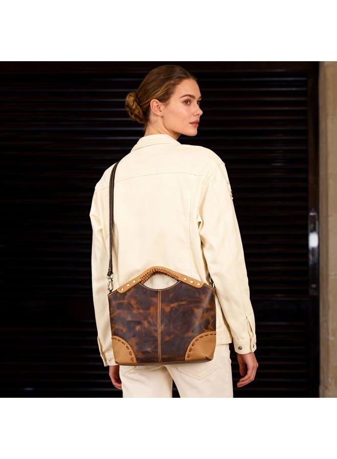 Handadsume Thick Genuine Crazy Horse Leather Satchel Crossbody Handbag Top-Handle Shoulder Bag For Women 6640, 6640 Brown - Image 2