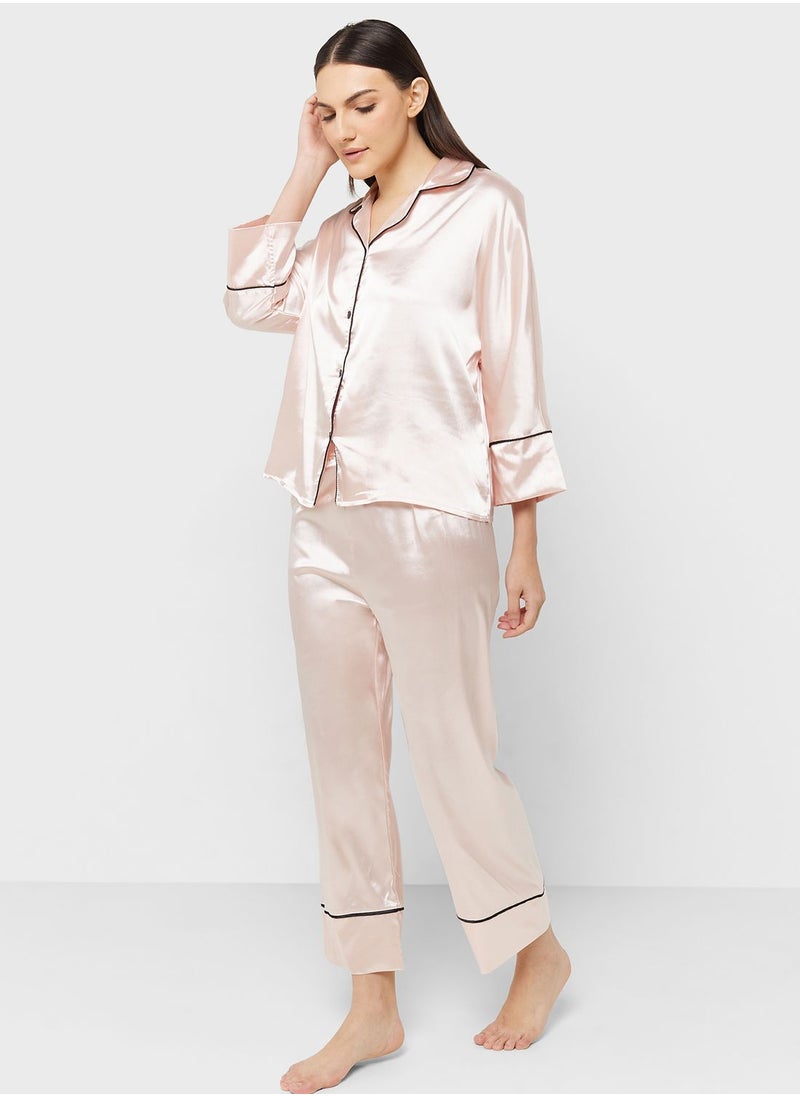 ELLA - Contrast Piping Pyjama Pant Set - Image 1