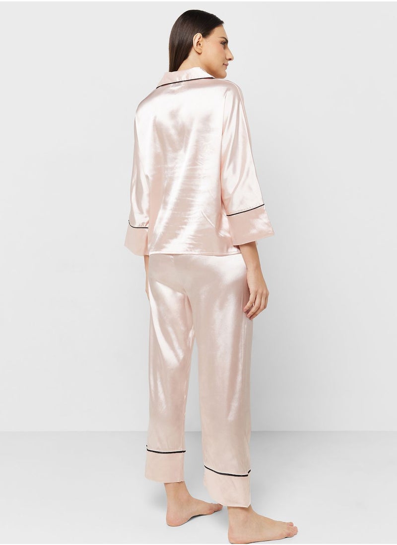ELLA - Contrast Piping Pyjama Pant Set - Image 1