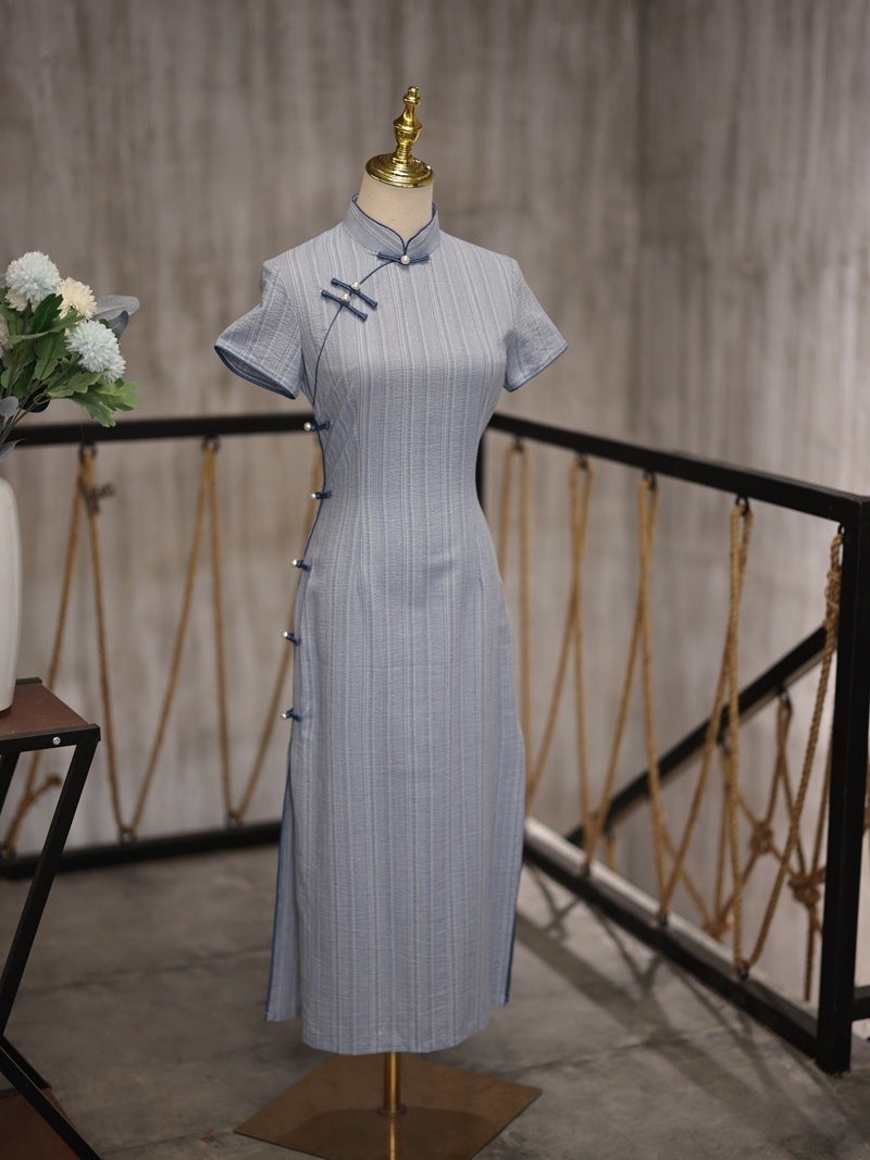 New Chinese Cheongsam Super Temperament Retro Blue Stripe Age-Reducing Daily Wear Dress - Image 5