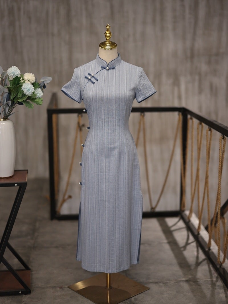 New Chinese Cheongsam Super Temperament Retro Blue Stripe Age-Reducing Daily Wear Dress - Image 4