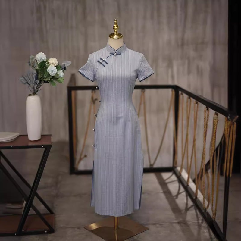 New Chinese Cheongsam Super Temperament Retro Blue Stripe Age-Reducing Daily Wear Dress - Image 1