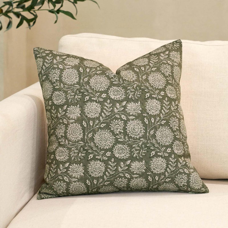 Amor Virisso Floral Pillow Covers 20x20 Throw Pillow Covers Vintage Block Print Pillow Cover Neutral Couch Pillows for Living Room Farmhouse Decorative Accent Sofa Pillows, Dusty Green - Image 1