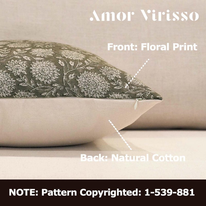 Amor Virisso Floral Pillow Covers 20x20 Throw Pillow Covers Vintage Block Print Pillow Cover Neutral Couch Pillows for Living Room Farmhouse Decorative Accent Sofa Pillows, Dusty Green - Image 2