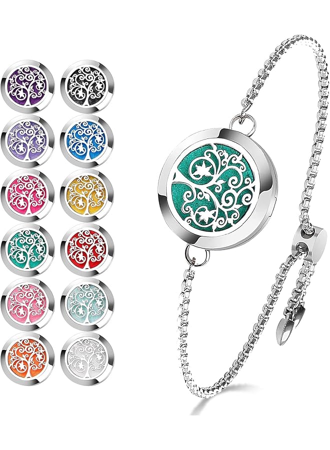 erorex Essential Oil Diffuser Bracelet Stainless Steel Aromatherapy Locket Adjustable Diffuser Bracelet With 24Pcs Refill Pads In 12 Colors Gift Set For Women Girls Mother'S Day Christma Tree Of Hope  - Image 1