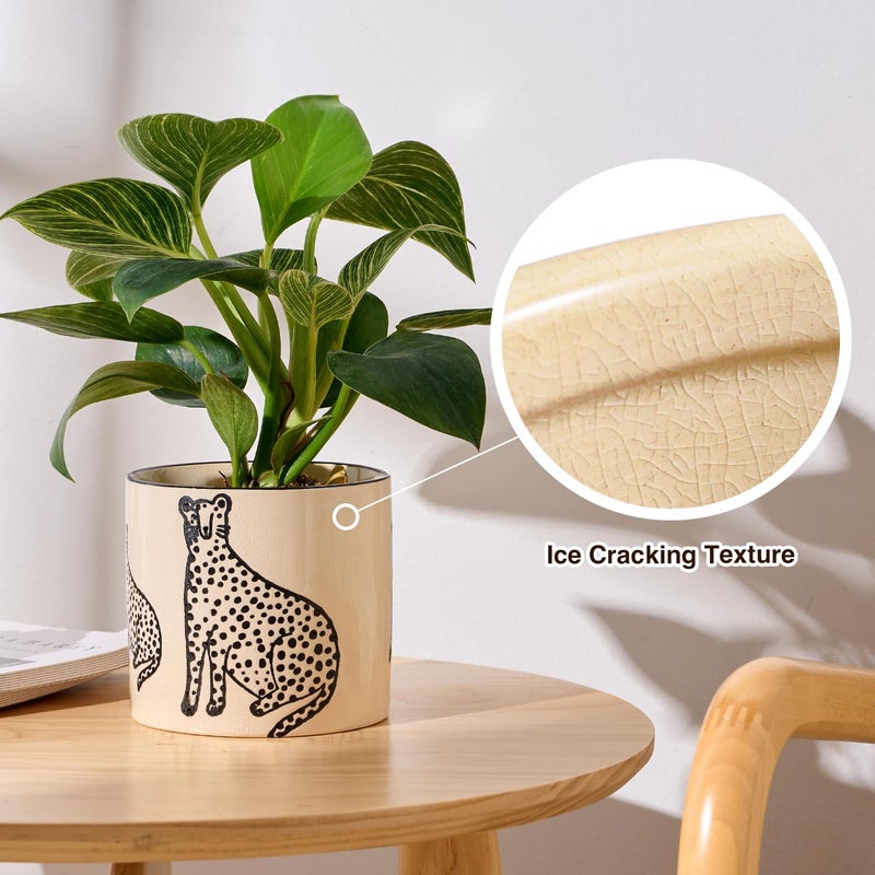 STHIE 5 Inch Ceramic Planters for Indoor Plants, Funny Small Plant Pots with Drainage, Unique Decorative Cute Flower Pot Panthers Round Flowerpots - Image 3