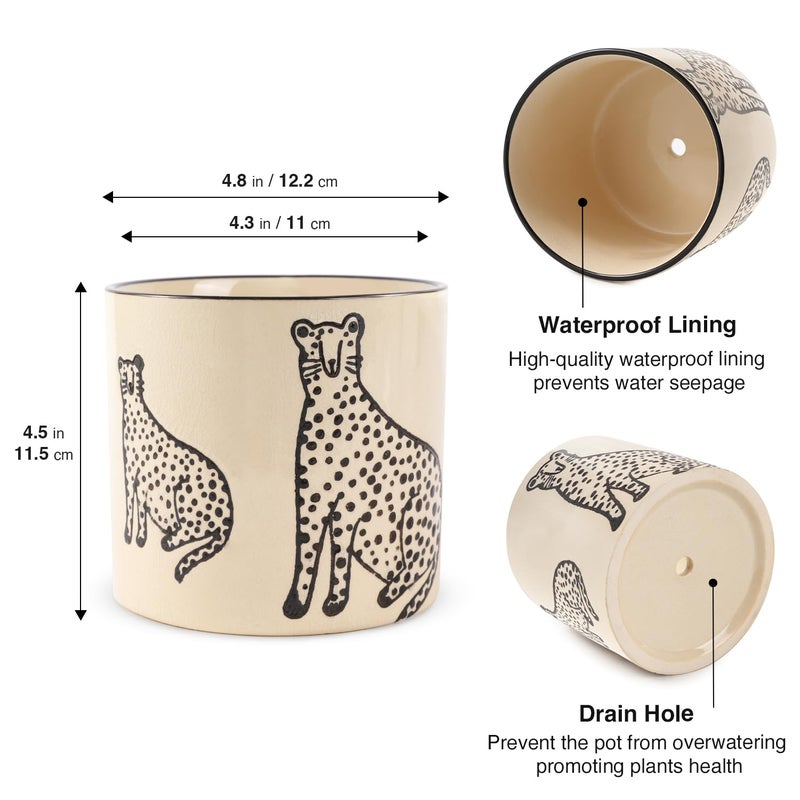 STHIE 5 Inch Ceramic Planters for Indoor Plants, Funny Small Plant Pots with Drainage, Unique Decorative Cute Flower Pot Panthers Round Flowerpots - Image 5