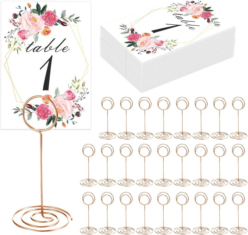 LeeLoon 26 PCS Table Number Holder - Table Card Holder Stand Wire Photo Holder with 26 Pcs Floral Table Number Cards, Place Card Holder Stand for Weddings Party Office Paper Memo Menu Note Clips - Image 1