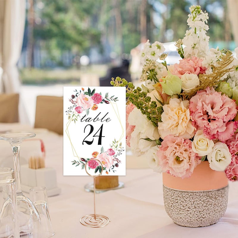 LeeLoon 26 PCS Table Number Holder - Table Card Holder Stand Wire Photo Holder with 26 Pcs Floral Table Number Cards, Place Card Holder Stand for Weddings Party Office Paper Memo Menu Note Clips - Image 2