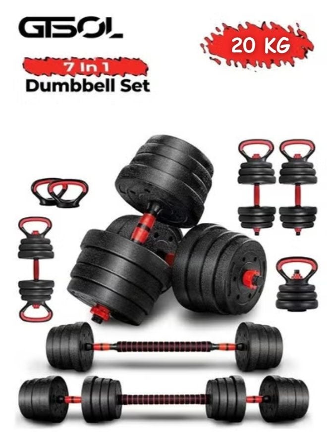 GTSOL 7-in-1 Adjustable Dumbbell Set 20kg | Convertible Barbell Kettlebell Push Up Fitness Kit | Home Gym Free Weight Strength Training Equipment - Image 1