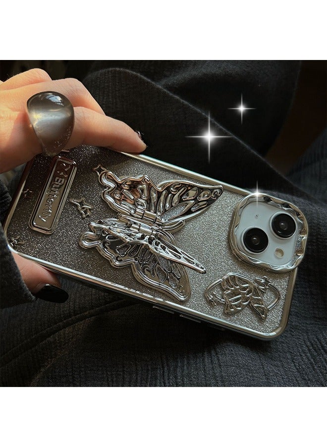 BUTTERFLY Compatible with iPhone15 Case,Gradation Glitter and Super Cool Metallic feel 3D Butterfly With fully wrapped edge protects the phone case Girly Phone Case for Women Silver - Image 1