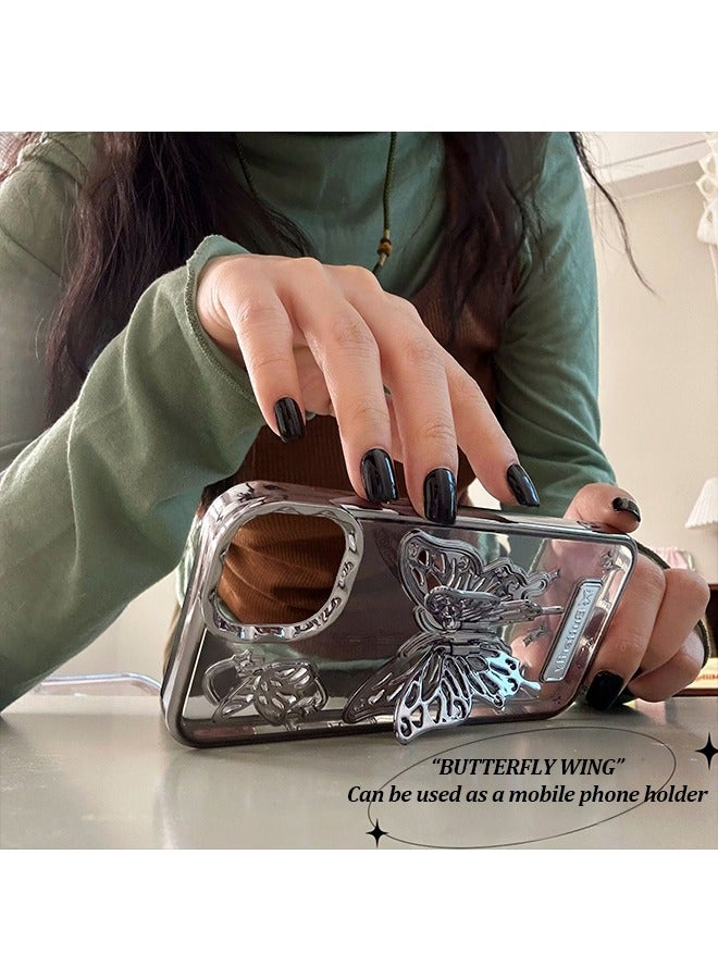 BUTTERFLY Compatible with iPhone15 Case,Gradation Glitter and Super Cool Metallic feel 3D Butterfly With fully wrapped edge protects the phone case Girly Phone Case for Women Silver - Image 2