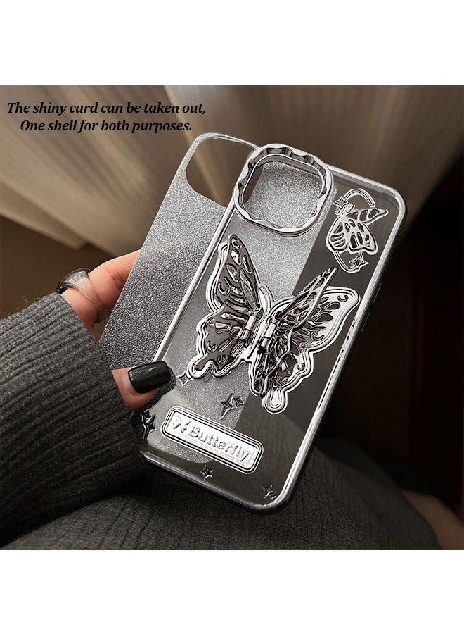 BUTTERFLY Compatible with iPhone15 Case,Gradation Glitter and Super Cool Metallic feel 3D Butterfly With fully wrapped edge protects the phone case Girly Phone Case for Women Silver - Image 5