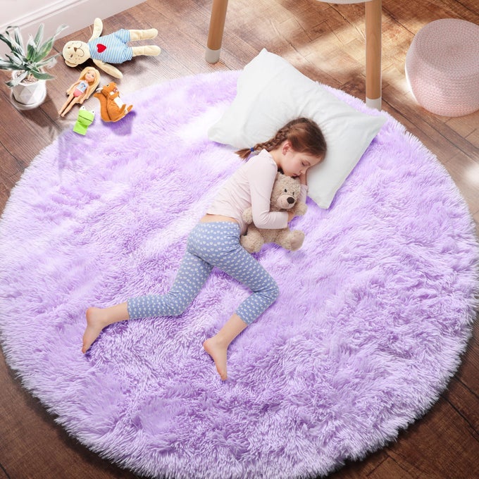 ROUND RUGS 5FT PURPLE AREA RUG CIRCLE RUGS FOR KIDS BEDROOM FLUFFY SHAGGY CARPETS INDOOR SMALL TEEPEE FURRY MAT COMFY READING CARPETS CIRCULAR RUGS FOR GIRLS BABY ROOM DECOR AESTHETIC