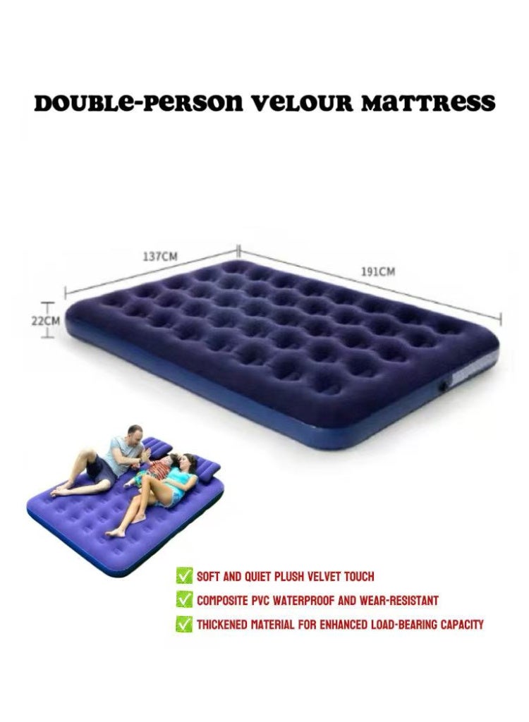 Bestway Double Dura-Beam Flocked Air Mattress, Double Size 191x137x22cm, Built-in Foot Pump, Blue-Gray Dual Color, Supports 300kg (600 lbs), Ideal for Family Camping/Temporary Guest Room - Image 1