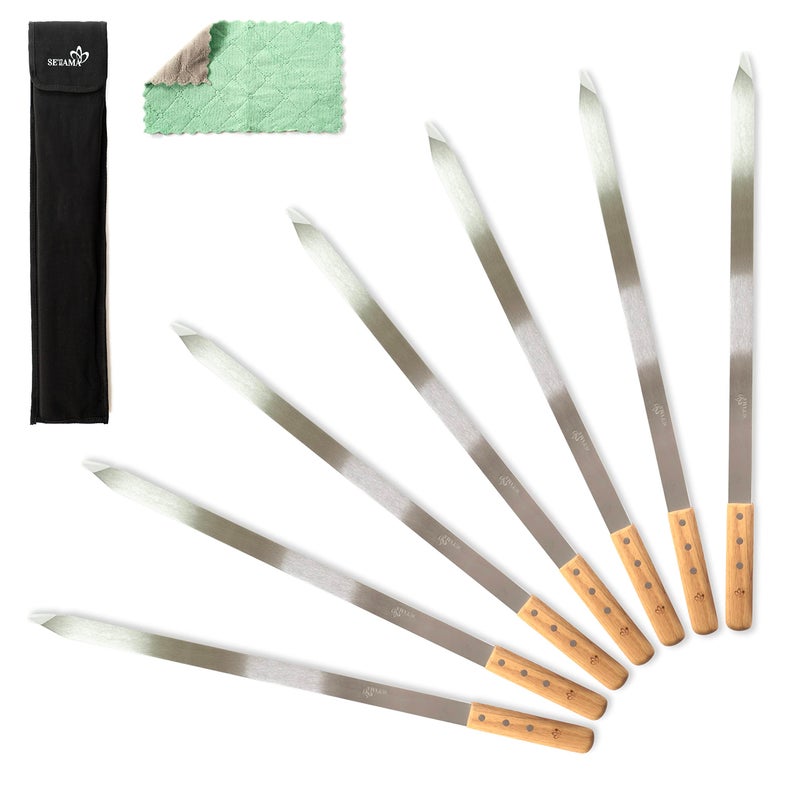 SETAMA Stainless Steel Kabob Skewers  Set of 7  Flat 1 Inch Wide Blade  Rust Proof  PersianBrazilianChickenShrimp Koobideh Kebab  With Tip Protectors Canvas Storage Bag and Cleaning Cloth