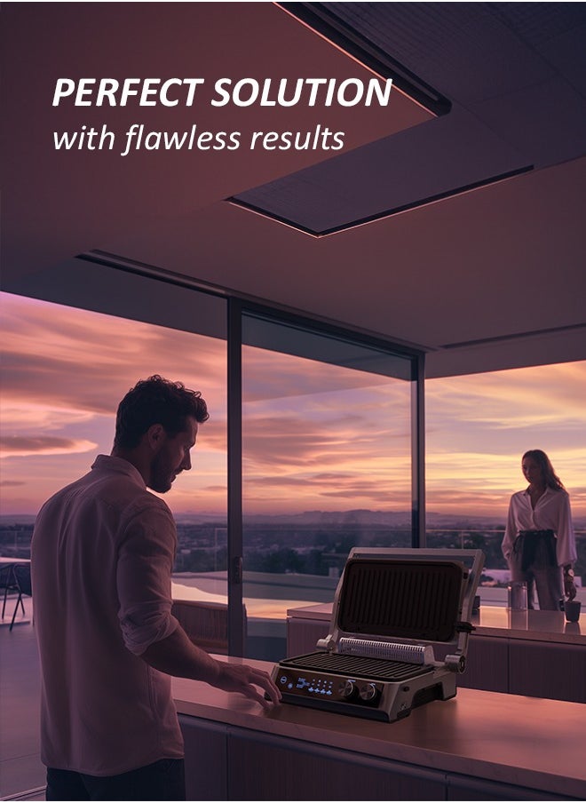 Polaris - Press grill, 7 automatic programs, Thermometer probe, 180° Full Flat Grill,  4 levels of doneness, 29x25.5 cm detachable panels are dishwasher safe - Image 1