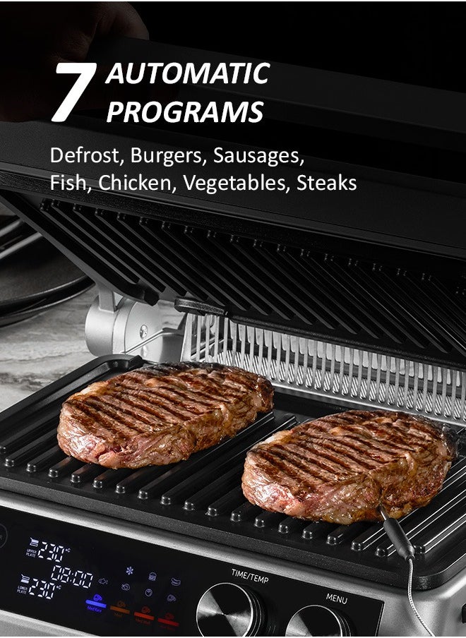 Polaris - Press grill, 7 automatic programs, Thermometer probe, 180° Full Flat Grill,  4 levels of doneness, 29x25.5 cm detachable panels are dishwasher safe - Image 1