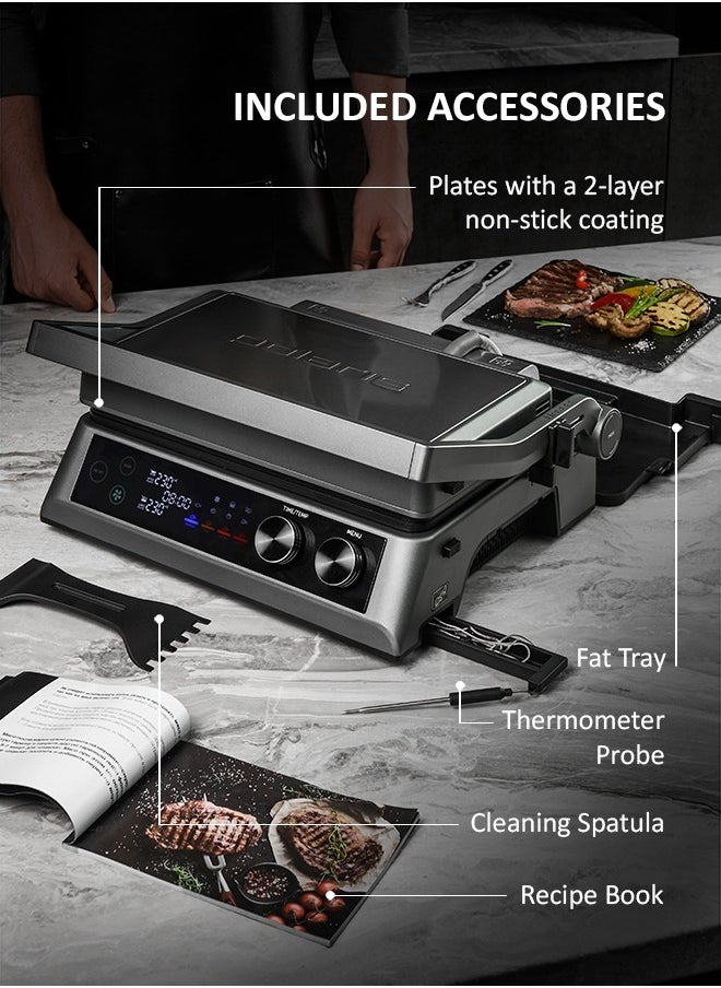 Polaris - Press grill, 7 automatic programs, Thermometer probe, 180° Full Flat Grill,  4 levels of doneness, 29x25.5 cm detachable panels are dishwasher safe - Image 1